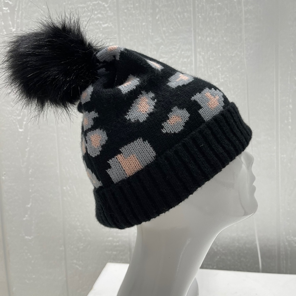 Black animal print beanie with Pom